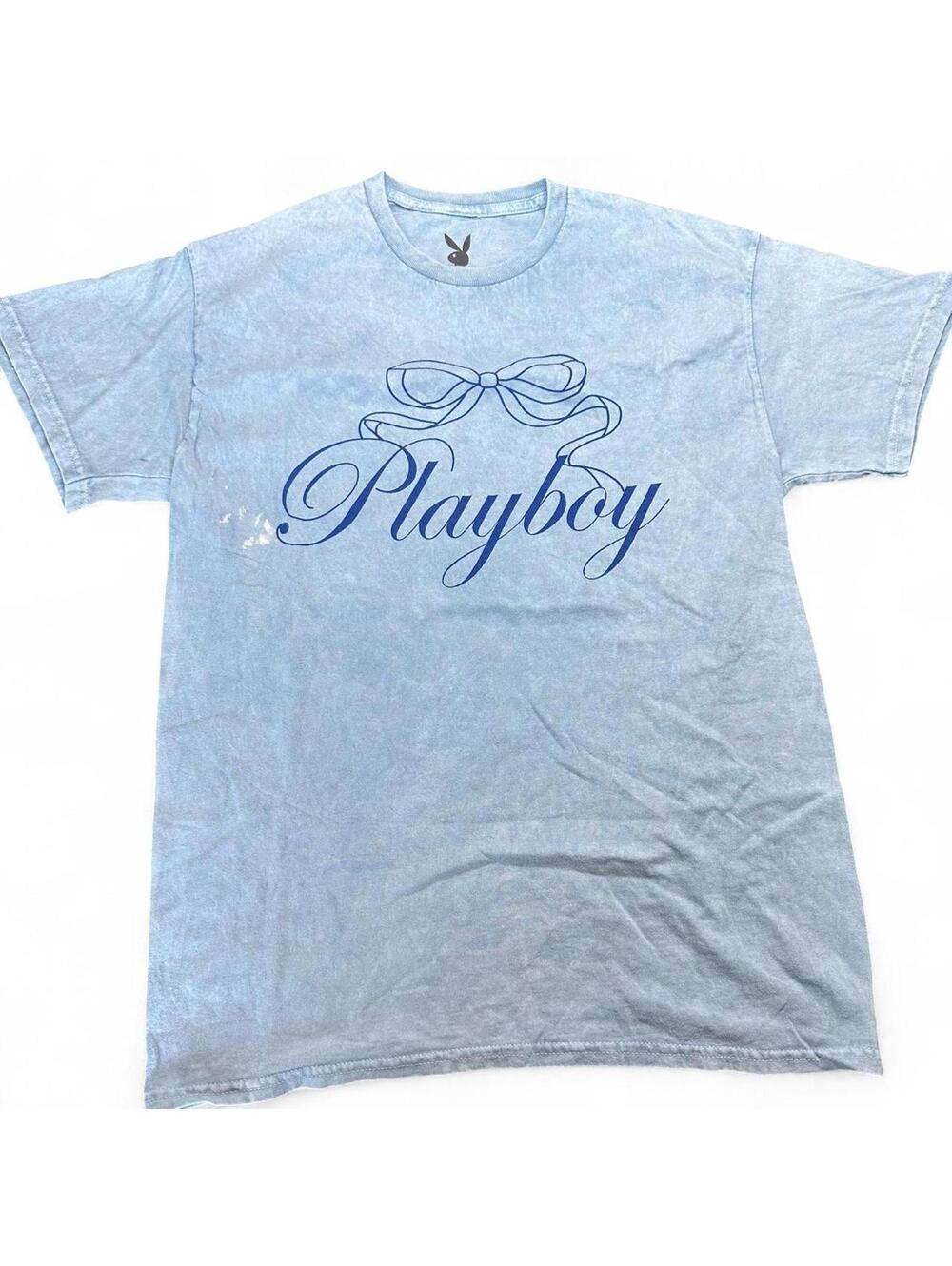 Playboy Light Blue Cotton T-Shirt with Bow Print, Size M